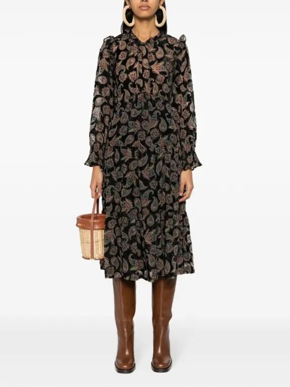 ba&sh Roane Midi Dress Sheer and Velvet Textured Midi Dress - Size 2